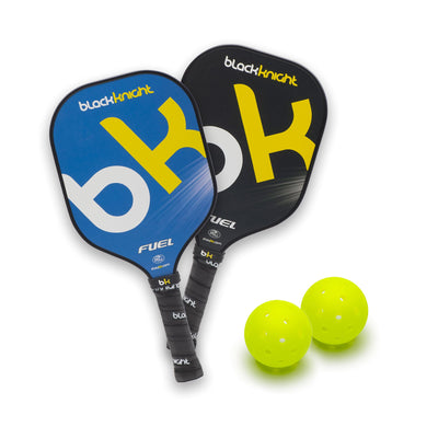 Two pickleball paddles with 'blackknight' branding and two yellow pickleballs on a white background.